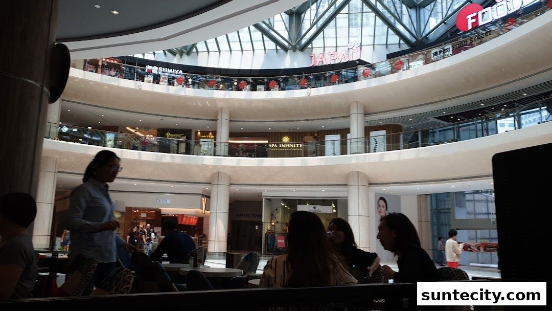 Interior view of a multi-level shopping mall with various shops and people.