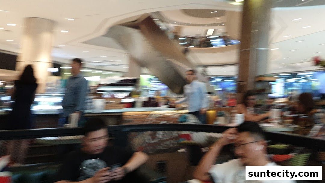 People are blurred in a busy shopping mall with escalators and shops in the background.