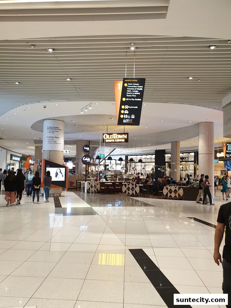 A busy shopping mall interior with directional signs and a coffee shop.