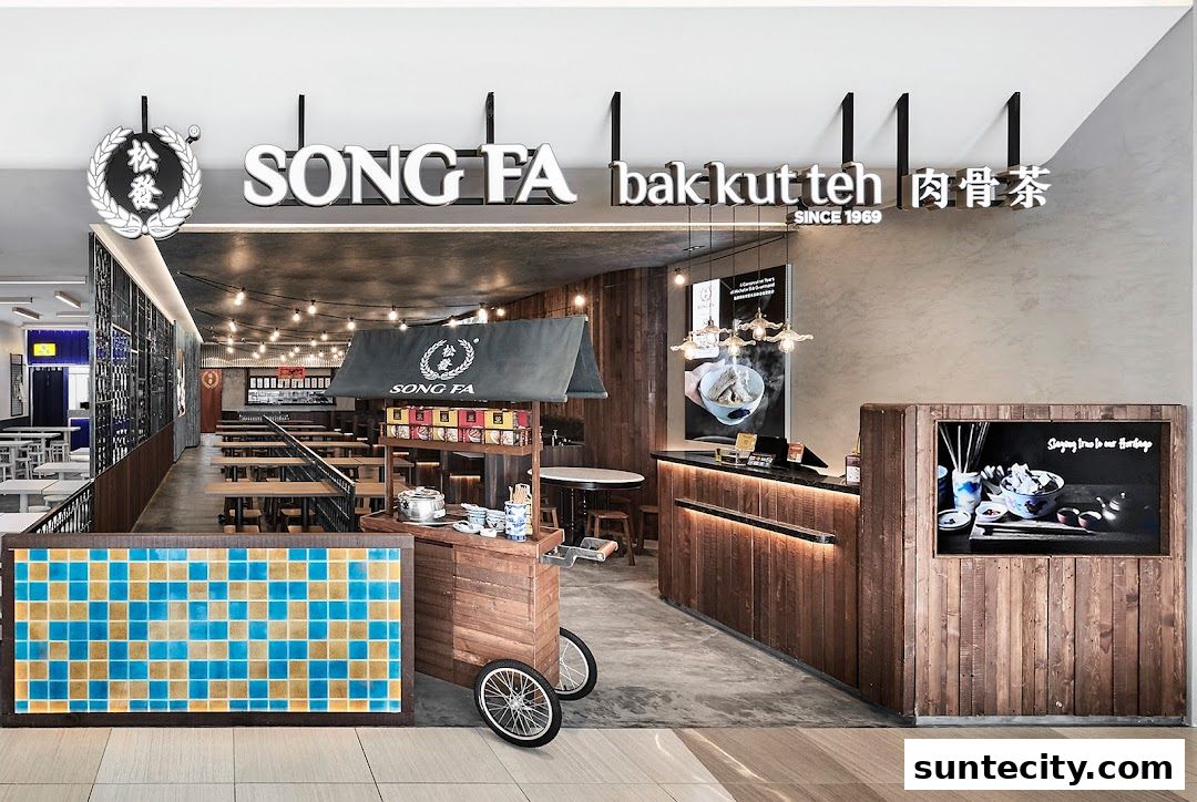 The entrance of Song Fa Bak Kut Teh, a restaurant with a rustic wooden interior and signage.