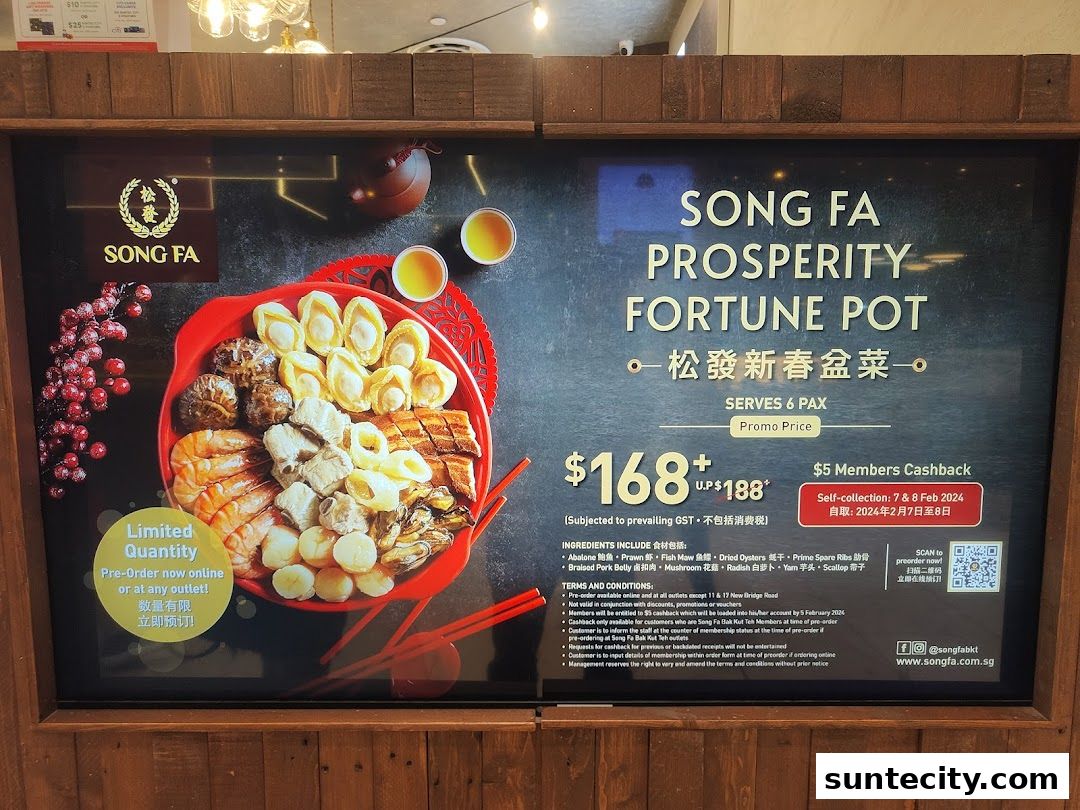 A promotional poster for Song Fa Bak Kut Teh's Prosperity Fortune Pot, featuring a large platter of ingredients.