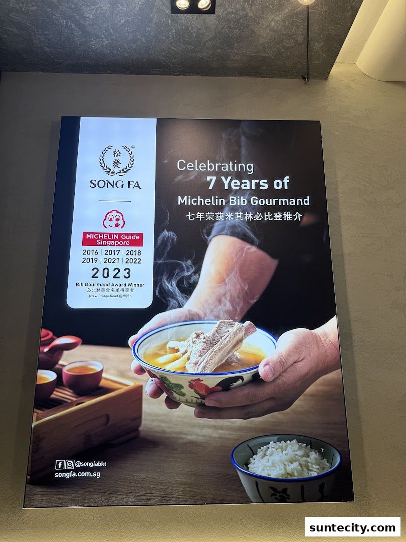 A poster celebrating Song Fa Bak Kut Teh's 7 years of Michelin Bib Gourmand recognition.