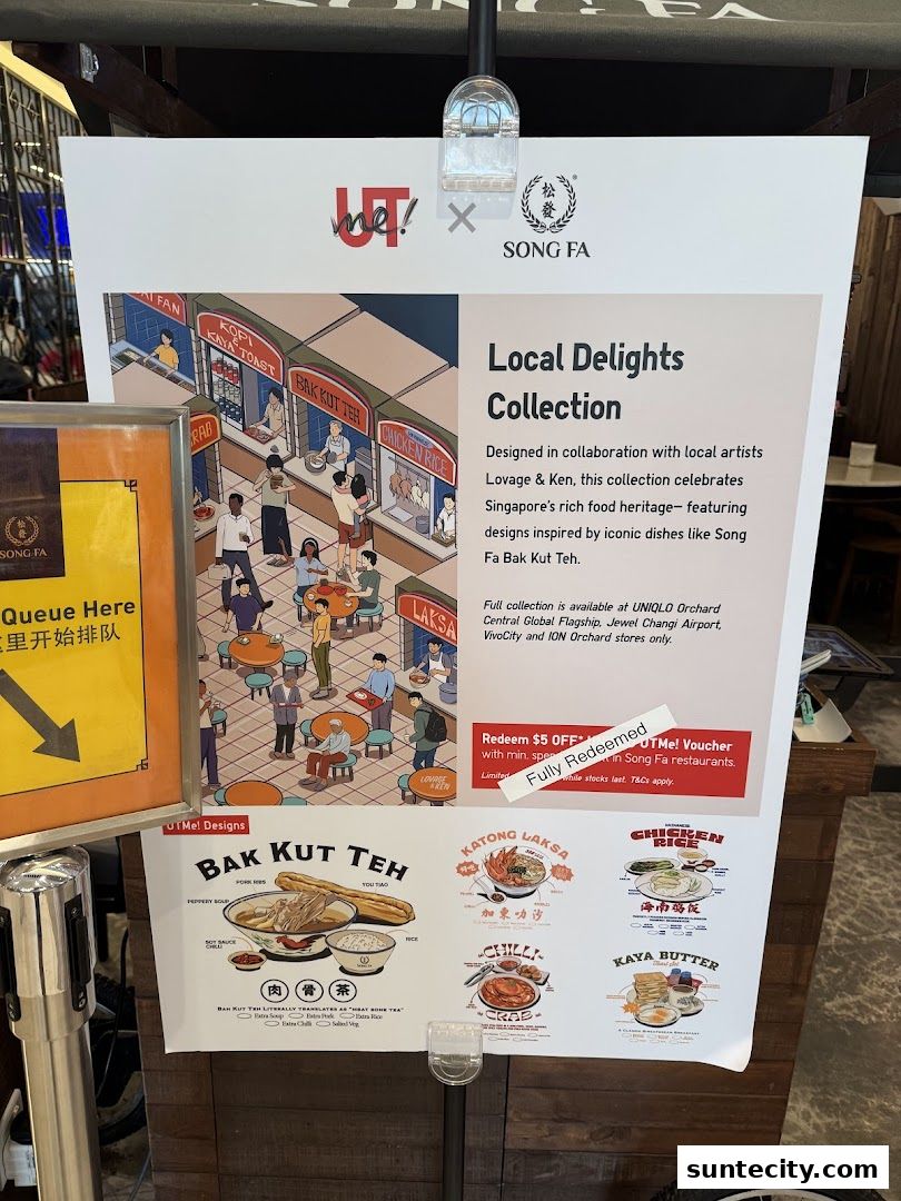 A poster showcasing Song Fa Bak Kut Teh's 'Local Delights Collection' with various Singaporean dishes.
