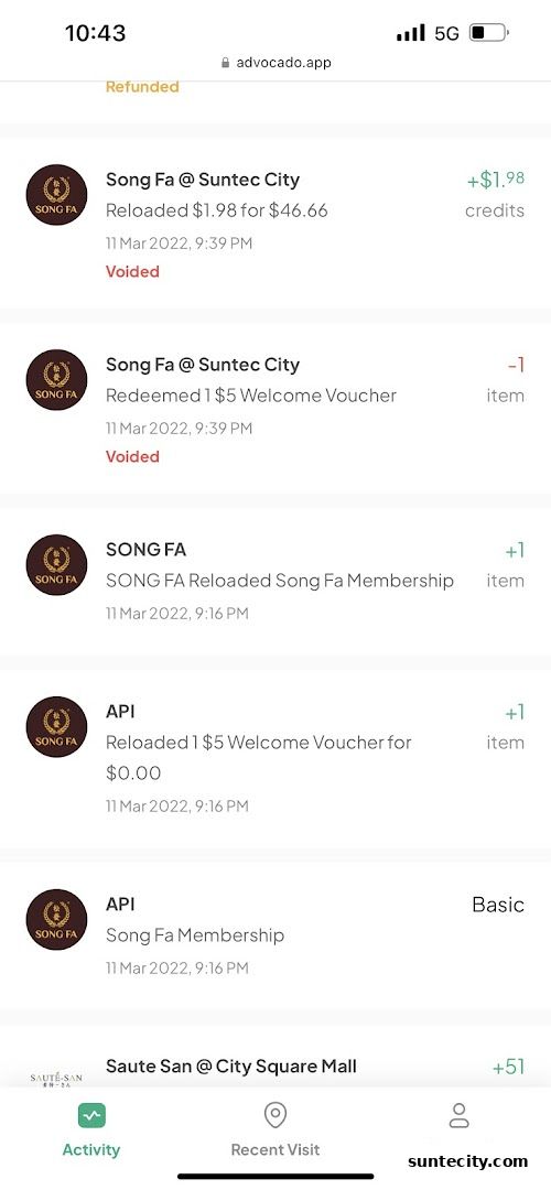 A screenshot of a mobile app showing transaction history for Song Fa.