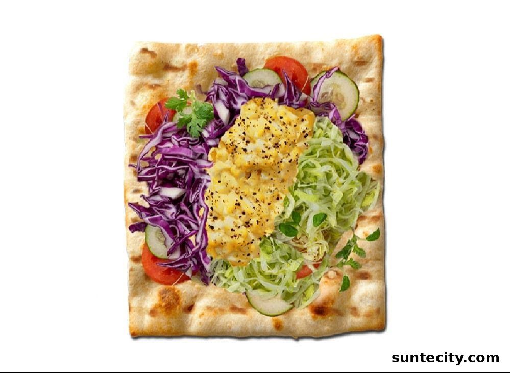 A flatbread topped with scrambled eggs, shredded lettuce, red cabbage, tomatoes, and cucumbers.
