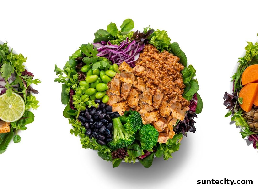 Three vibrant and healthy salad bowls filled with fresh ingredients and protein.