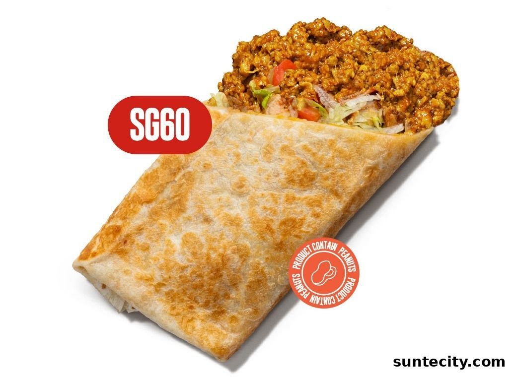 A delicious burrito filled with seasoned meat, lettuce, and tomatoes, with a 'SG60' label.