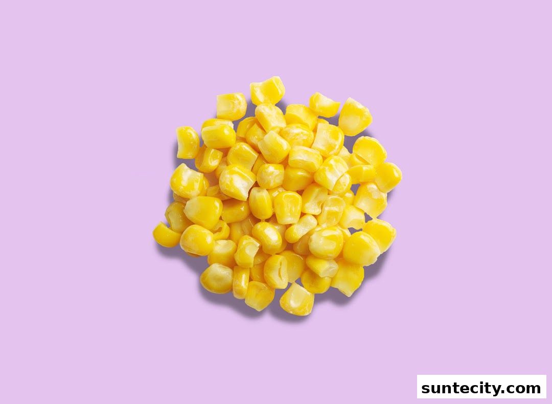 A pile of bright yellow corn kernels on a light purple background.