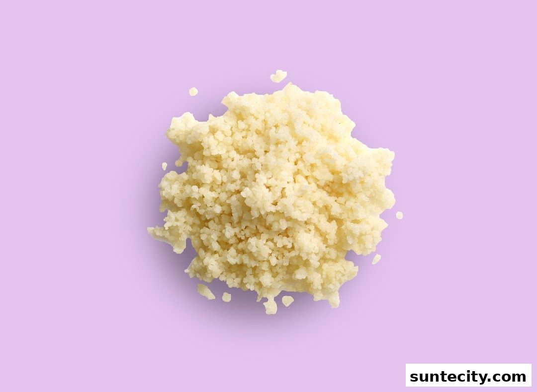 A pile of fluffy couscous on a light purple background.