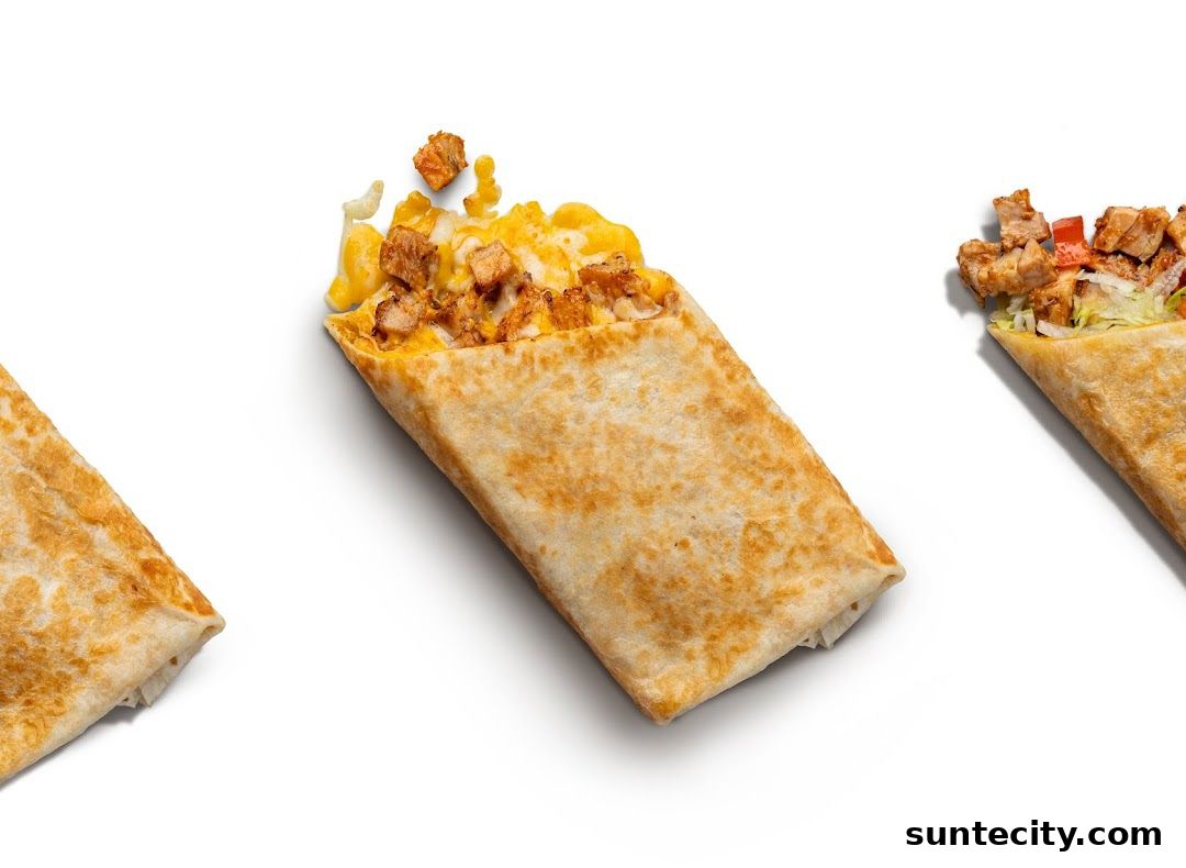 Three delicious burritos filled with chicken, cheese, and vegetables on a white background.