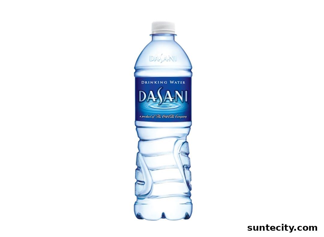 A bottle of Dasani drinking water against a white background.