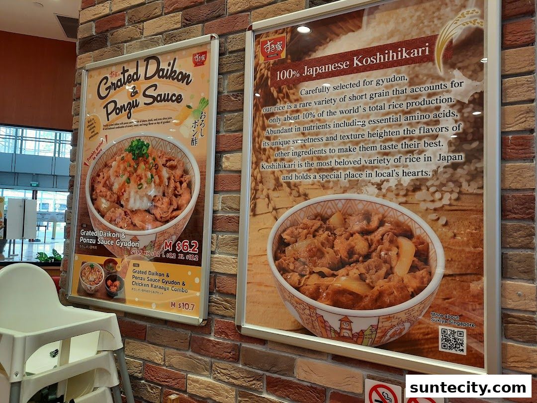 Posters showcasing Sukiya's Grated Daikon & Ponzu Sauce Gyudon and 100% Japanese Koshihikari rice.