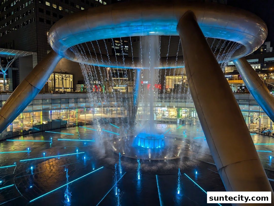 A large, illuminated fountain with water cascading down, surrounded by shops at night.