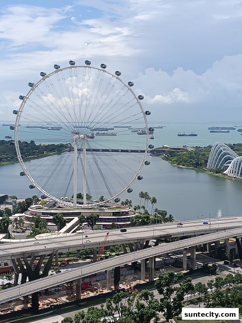 A wide view of the Singapore Flyer Ferris wheel and surrounding cityscape with a bay full of ships.
