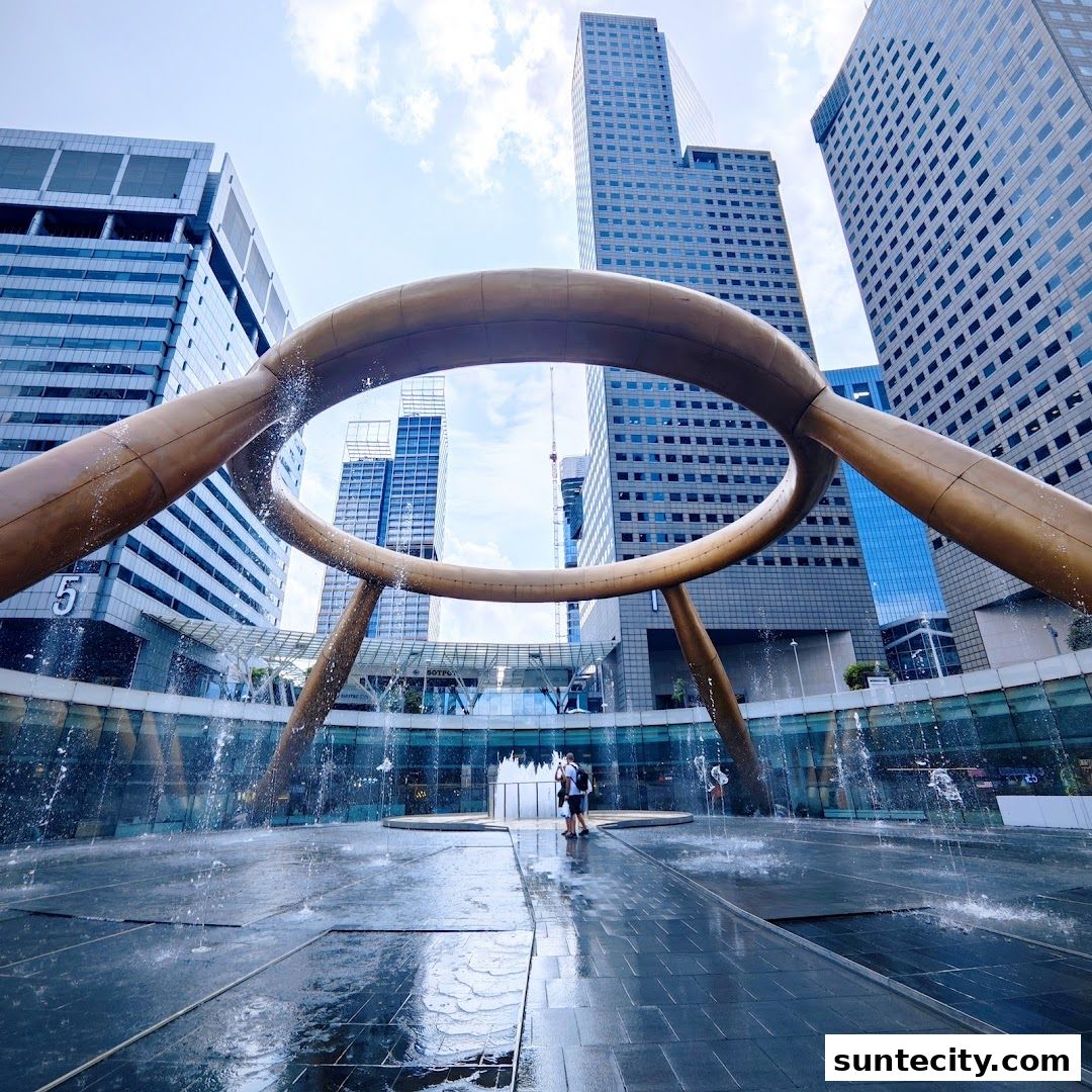 A large bronze fountain with water jets in front of modern skyscrapers.