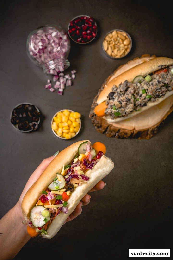 A hand holds a loaded hot dog with various toppings, with another hot dog and ingredients in the background.