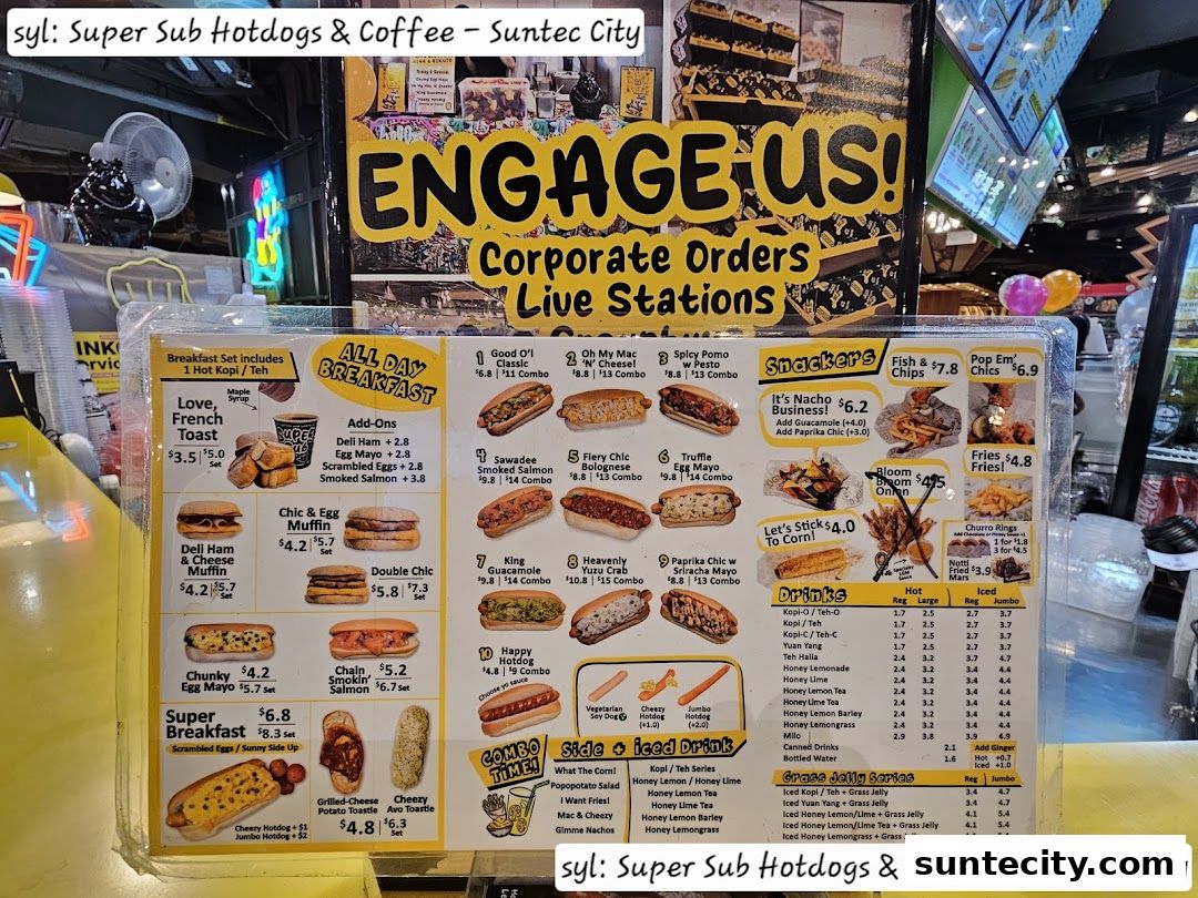 Menu page for Super Sub Hotdogs  Coffee - Suntec City