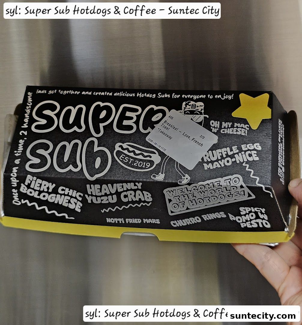 A box from Super Sub Hotdogs & Coffee showcasing various hotdog flavors and offerings.