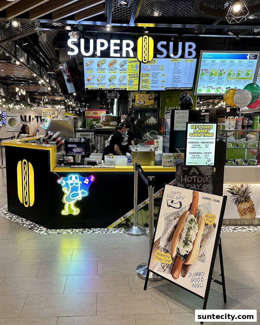 A Super Sub hotdog stall with a vibrant display of menu items and a featured hotdog.