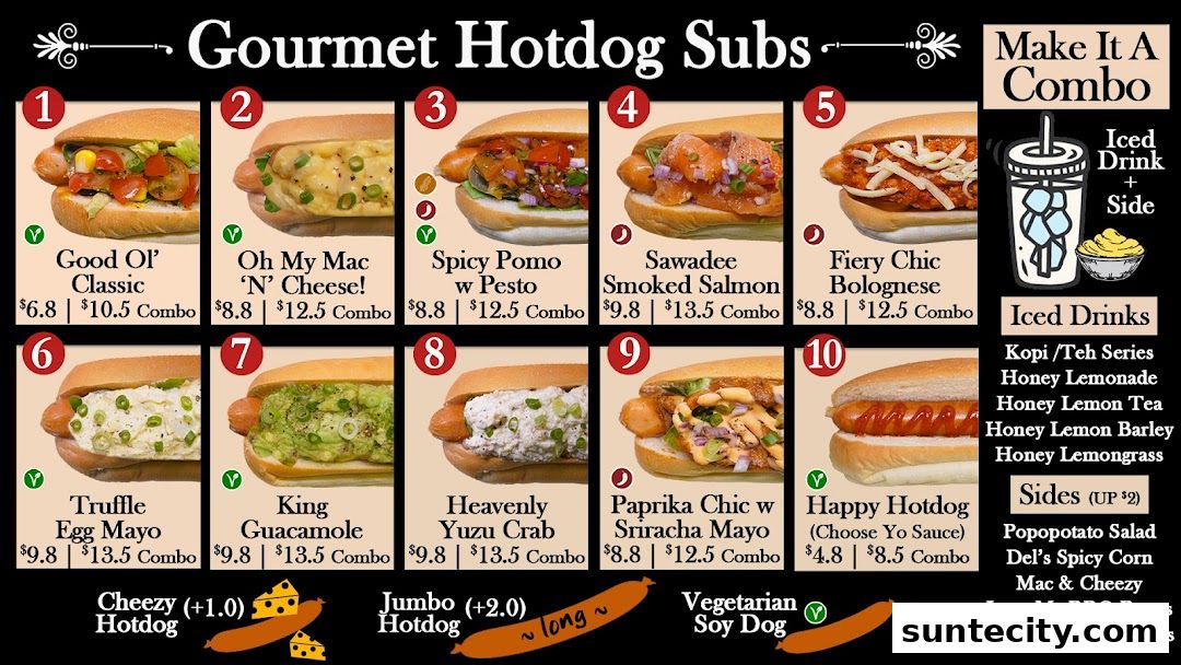 Menu page for Super Sub Hotdogs  Coffee - Suntec City