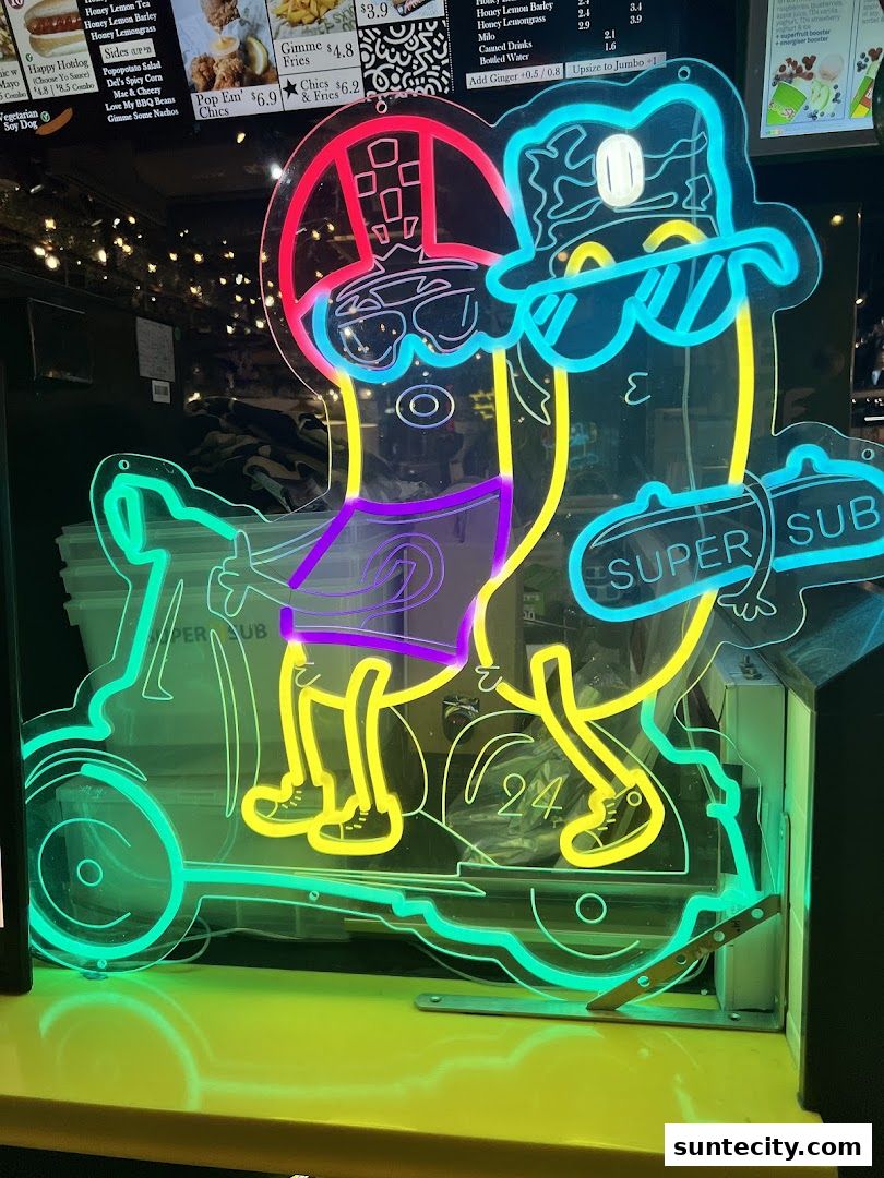 A neon sign of a hotdog character riding a scooter, with the shop name visible.