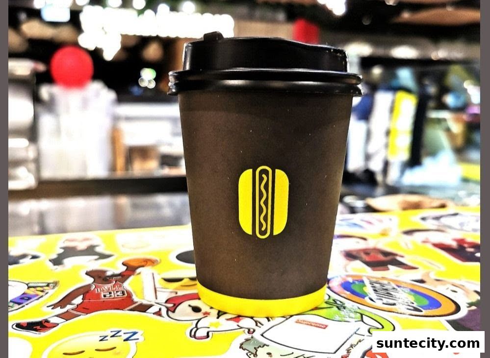 A close-up of a coffee cup with a hot dog logo, placed on a sticker-covered table.