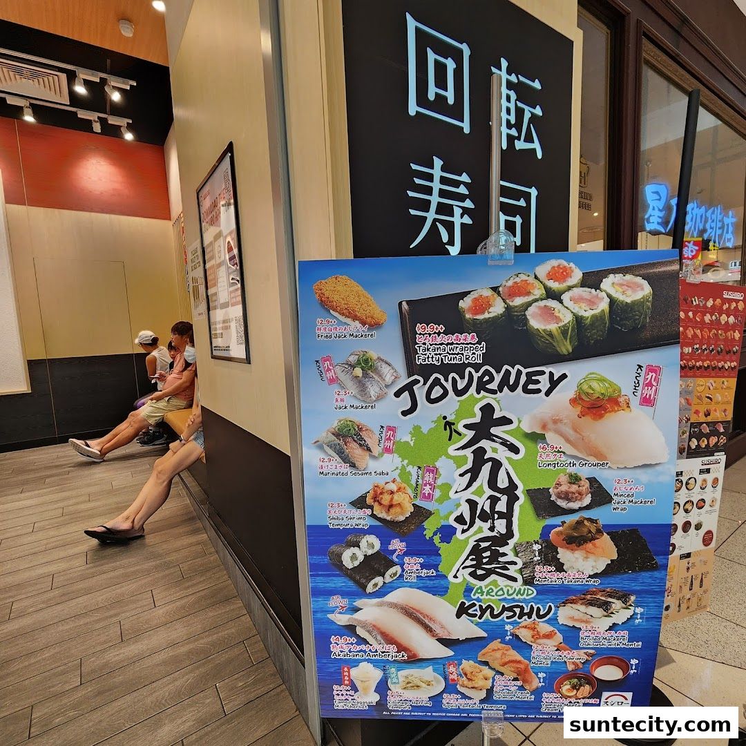 A promotional poster for a sushi restaurant featuring various sushi dishes and Japanese text.