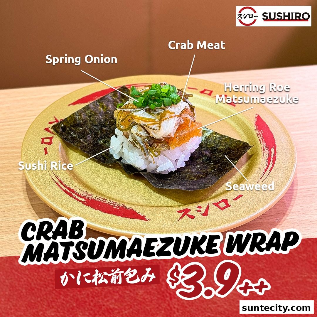 A close-up of a Crab Matsumaezuke Wrap sushi with ingredients labeled.