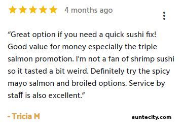 A customer review praising Sushiro Suntec City for its quick sushi, value, and excellent service.