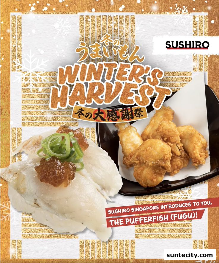 Sushiro advertises its Winter's Harvest menu featuring pufferfish (fugu) and fried chicken.
