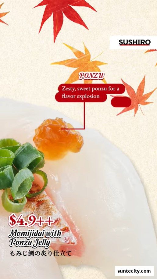 A close-up of Momijidai with Ponzu Jelly sushi from Sushiro, highlighting its price and flavor.