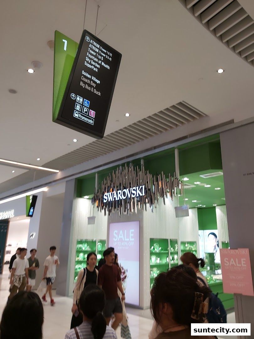 The Swarovski store entrance with a sale sign and people walking by.