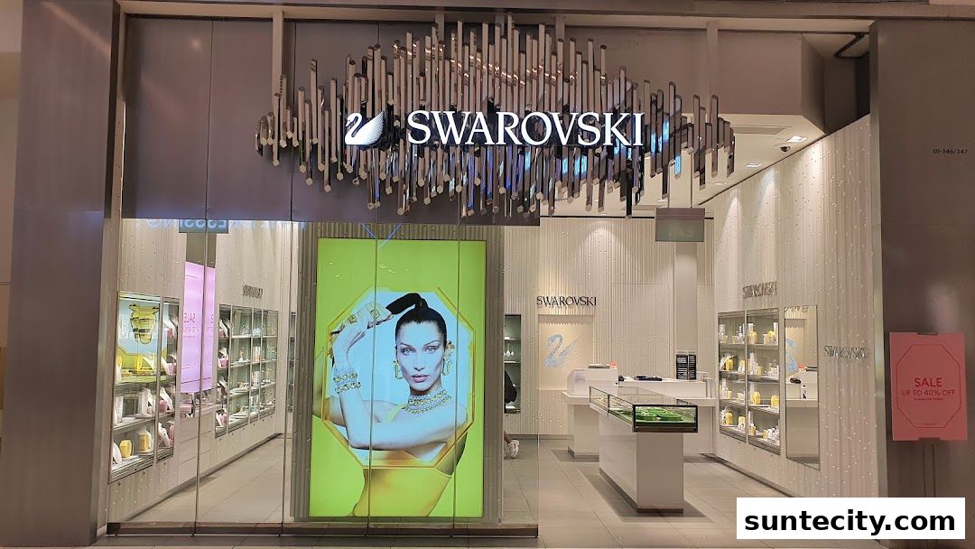 The exterior of a Swarovski jewelry store with a large display featuring a model and various jewelry items inside.