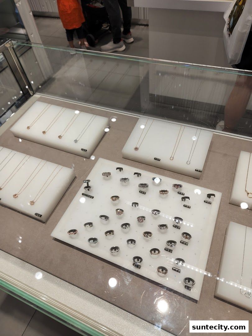 A display case filled with Swarovski necklaces and rings, with shoppers reflected in the glass.