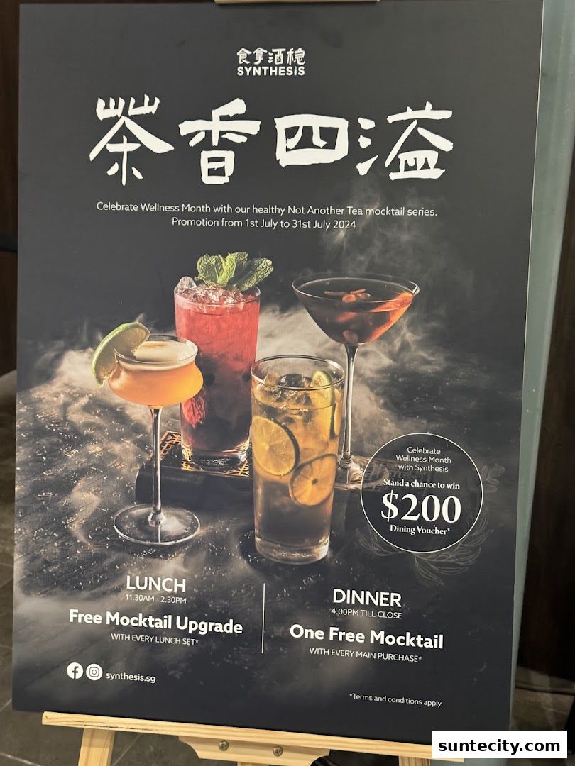 A promotional poster for Synthesis restaurant featuring mocktails and dining offers.