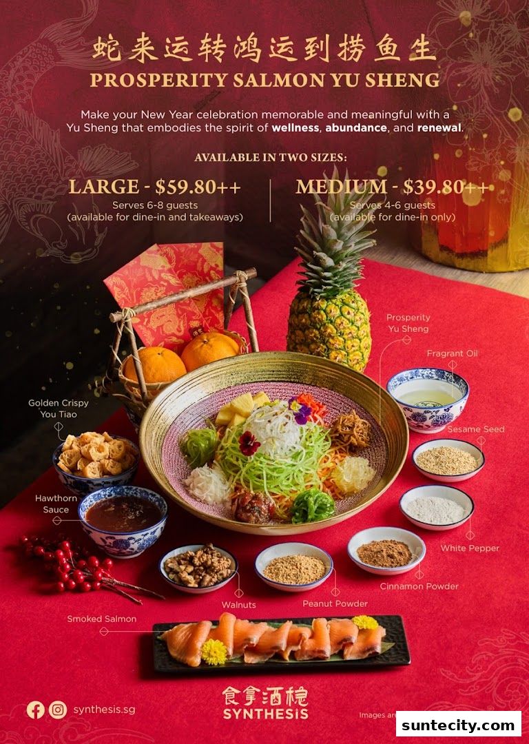 A festive Prosperity Salmon Yu Sheng dish with various ingredients and two size options.