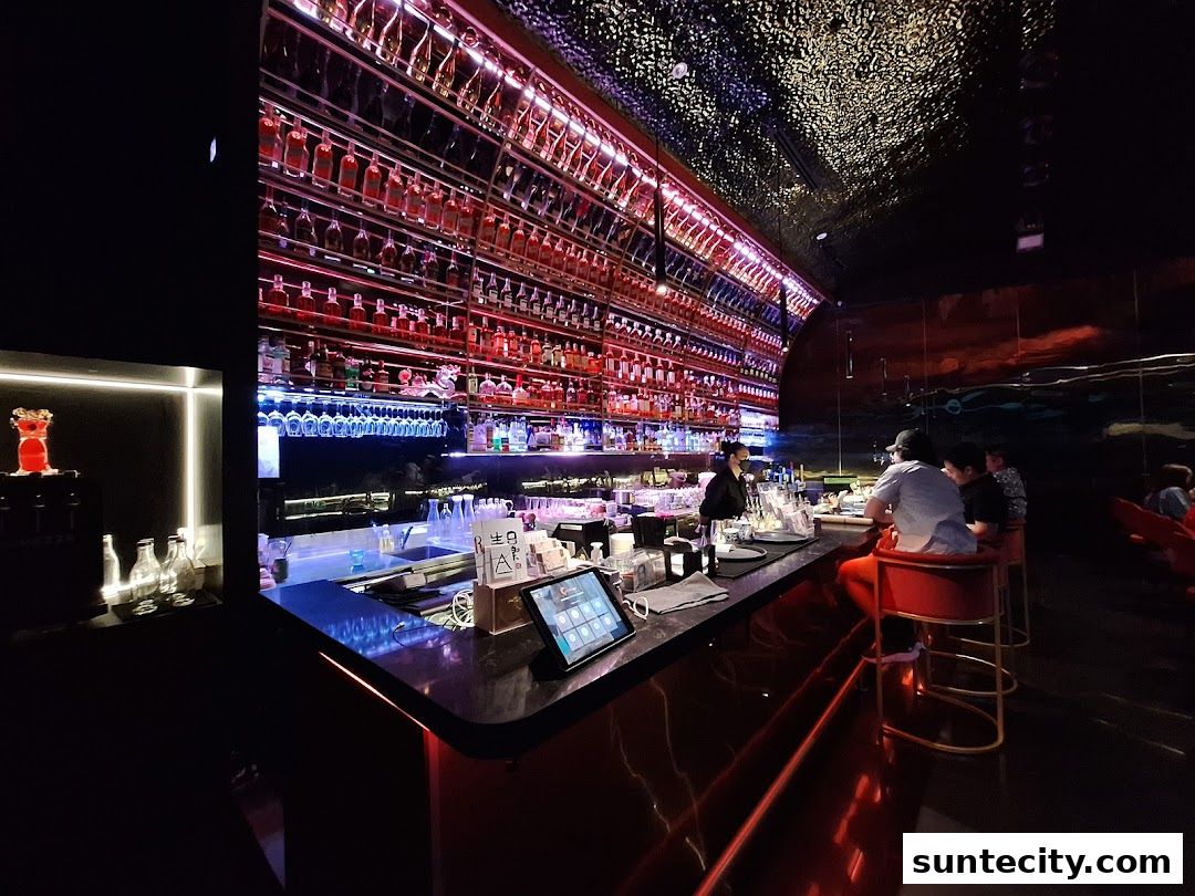 A stylish bar with a vast selection of bottles and patrons seated at the counter.