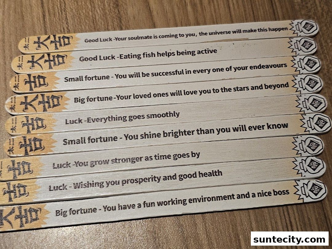 A collection of fortune sticks with positive messages and Chinese characters.