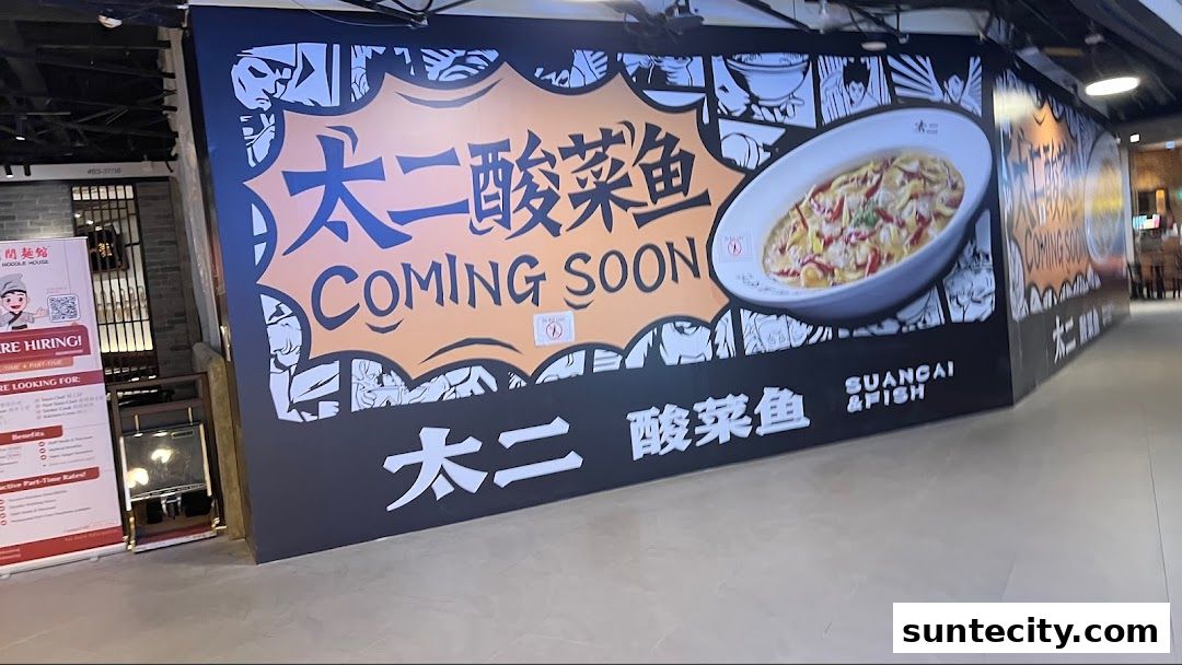 A "Coming Soon" banner for Tai Er Suan Cai Yu restaurant, featuring a bowl of fish.