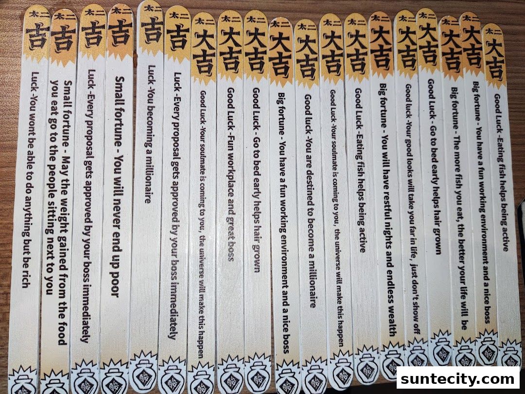 A collection of fortune sticks with positive affirmations and predictions.