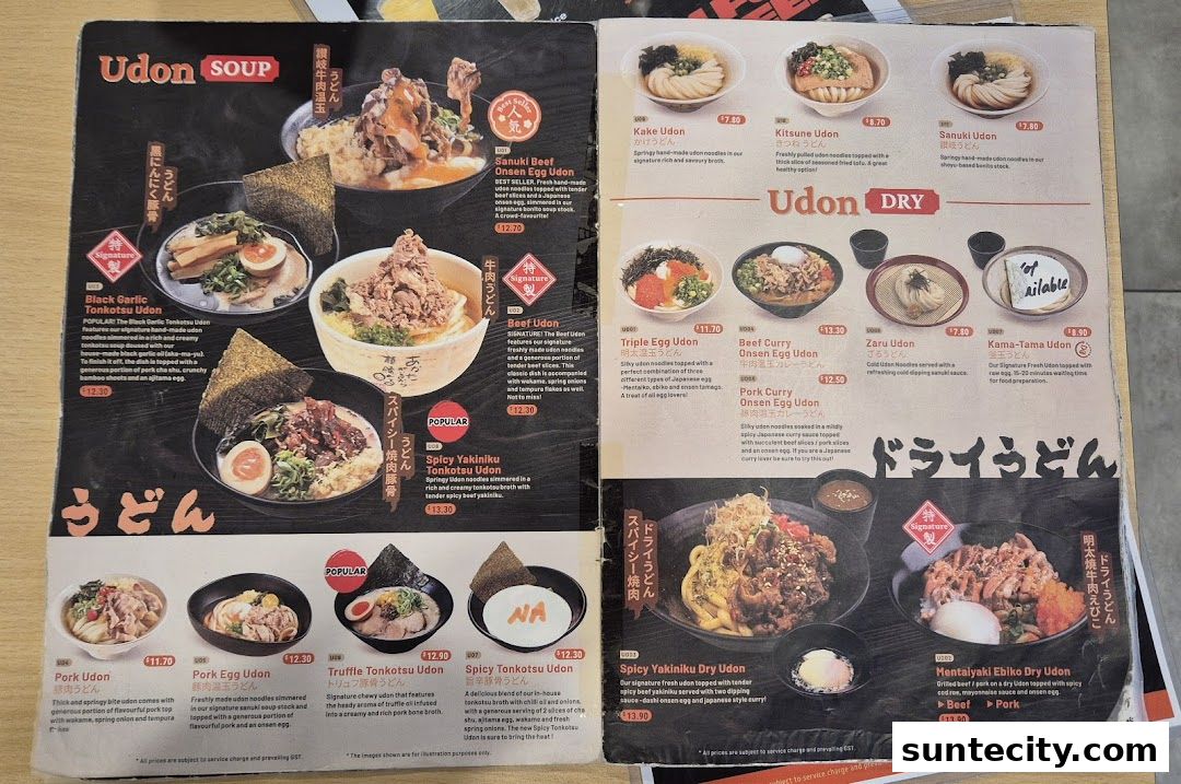 Menu page for Tamoya Udon  Tempura Suntec City