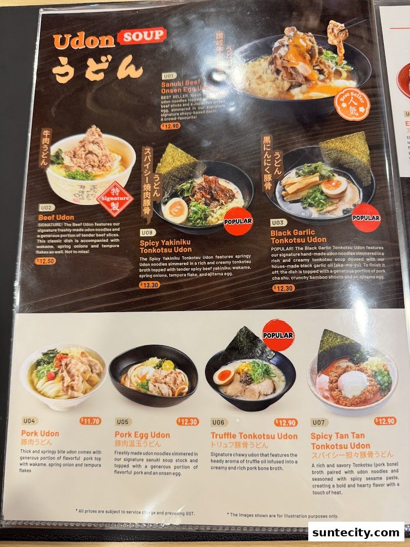 Menu page for Tamoya Udon  Tempura Suntec City