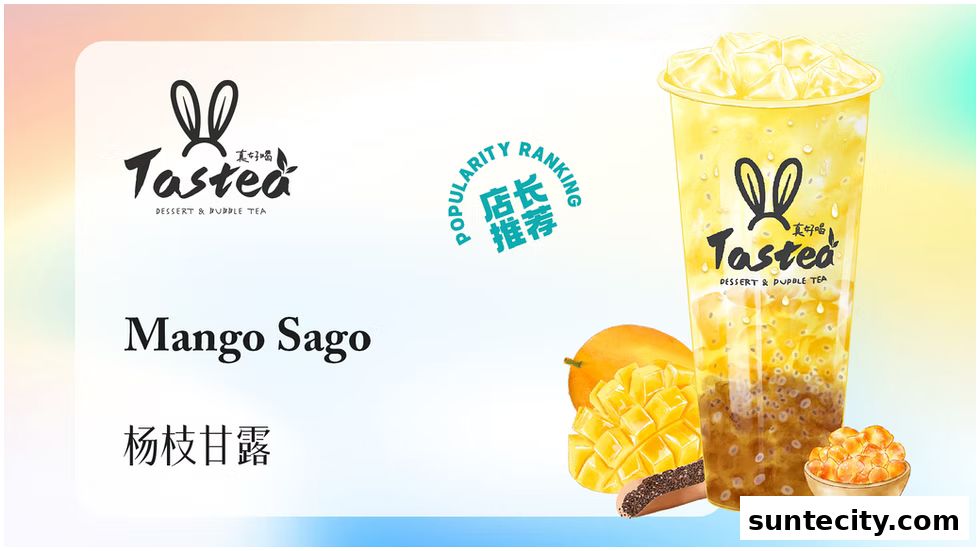 A refreshing Mango Sago drink from Tastea, featuring fresh mango and sago pearls.