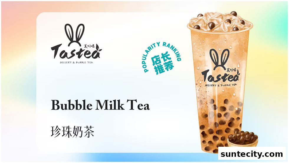 A stylized illustration of a bubble milk tea with the Tastea logo and text.