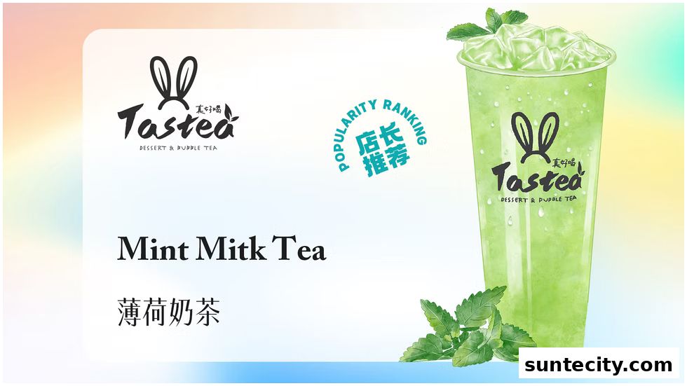 A refreshing Mint Milk Tea from Tastea, featuring the brand logo and a popularity ranking.