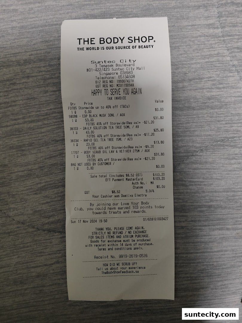 Menu page for The Body Shop