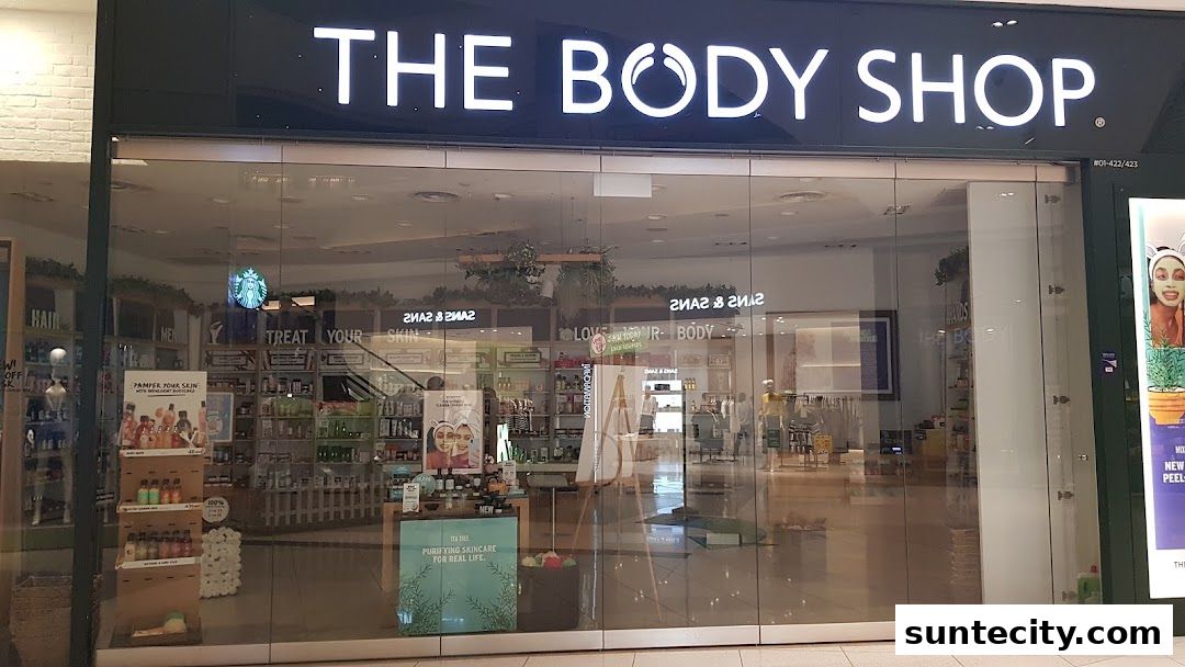 The Body Shop storefront with products displayed inside and signage above.