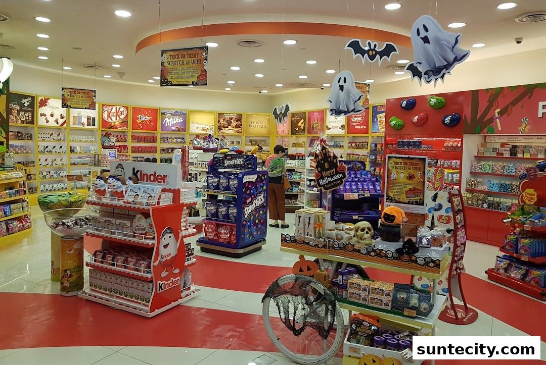 Interior of a candy store decorated for Halloween with various chocolates and sweets.