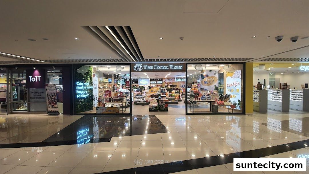 The Cocoa Trees shop front with displays of chocolates and gifts, and promotional signage.