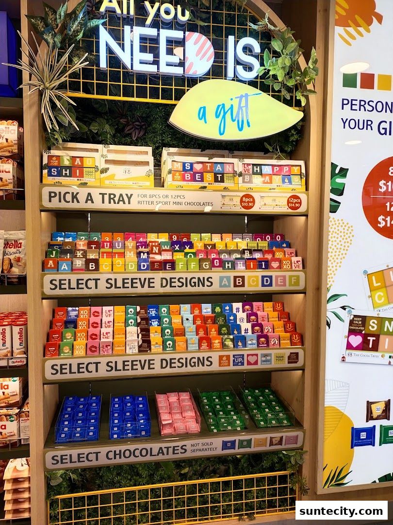 A display of personalized chocolates with various sleeve designs and Ritter Sport mini chocolates.